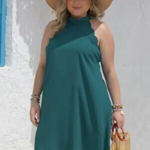 Green Solid Scallop Trim Halter Neck Bow Knot Back Summer Dress